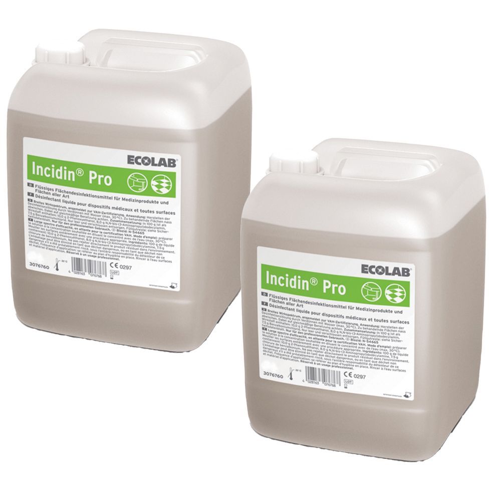 Zwei rechteckige Kanister Incidin® Pro mit Griffen und Etiketten. ECOLAB-Logo sichtbar.