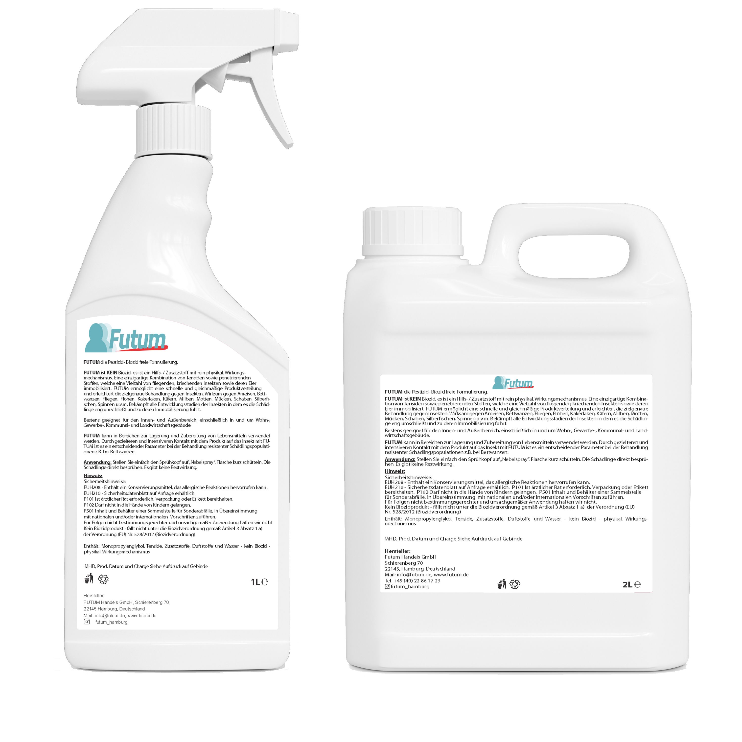 Rückansicht von zwei weißen FUTUM Milben-/Spinnenspray Flaschen. Eine 1L Sprühflasche und eine 2L Flasche. Beide mit Etiketten und Produktinformationen.