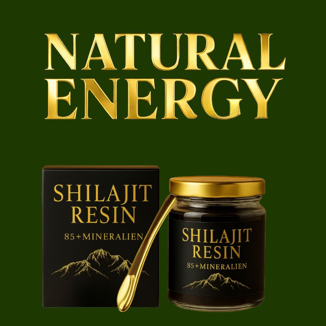 Glas und Schachtel mit Shilajit Resin, goldener Deckel und Löffel. Aufschrift: NATURAL ENERGY.