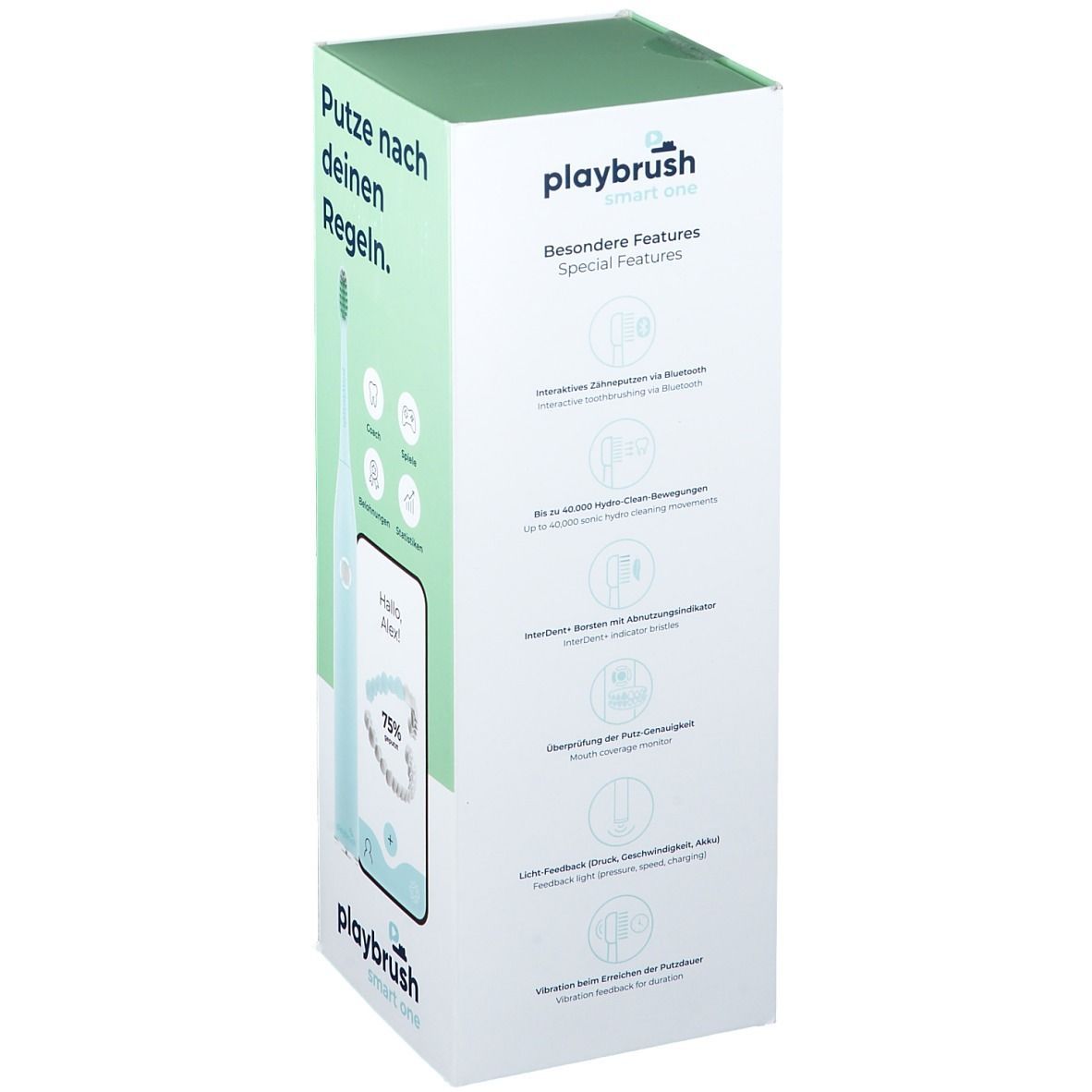Verpackung, Seitenansicht. Text: "Putze nach deinen Regeln." und "playbrush smart one". Auf der Seite: "Besondere Features".