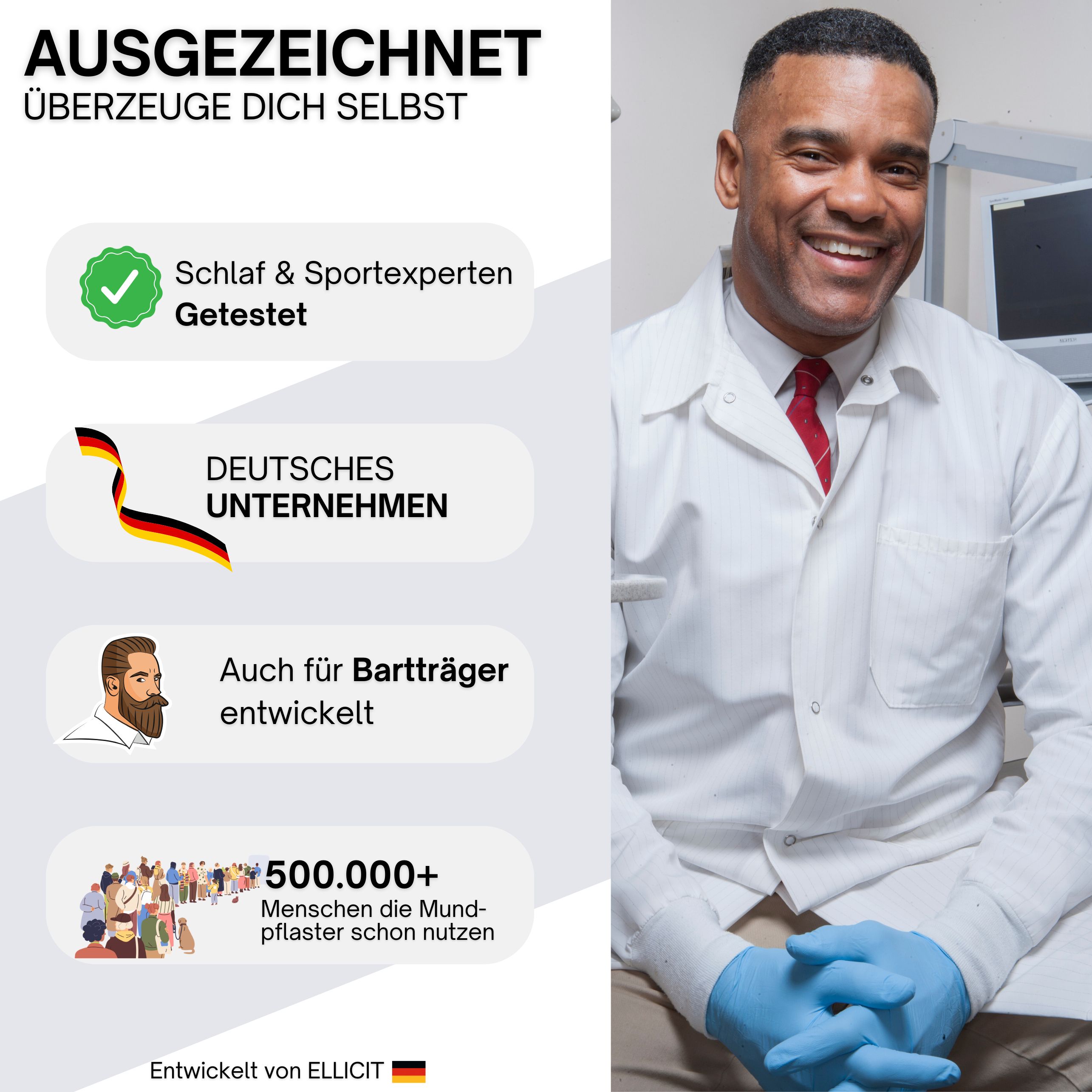 Mann im weißen Kittel lächelt. Text: Getestet, Deutsches Unternehmen, Auch für Bartträger. 500.000+ Nutzer.