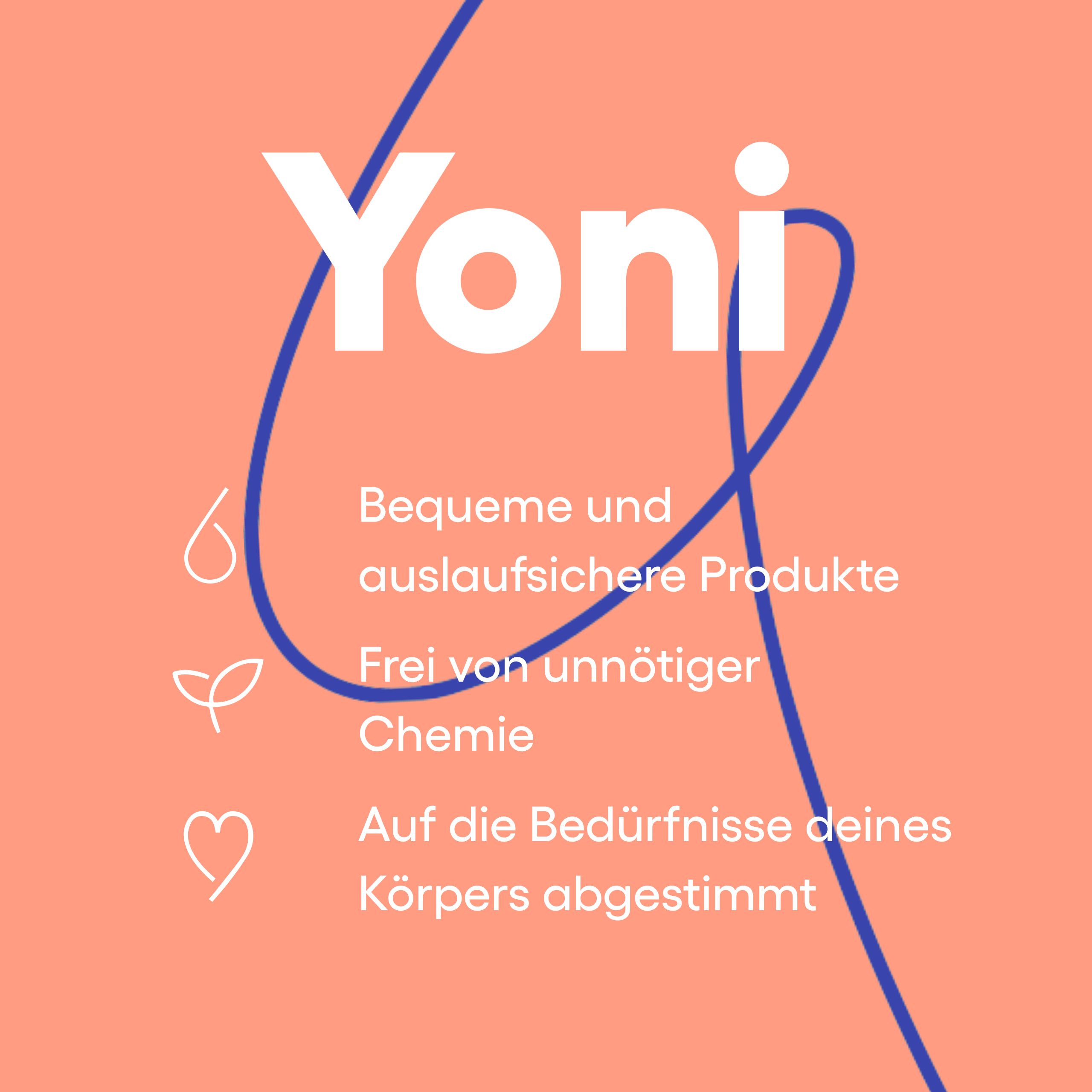 Nahaufnahme der Verpackung von Bio-Tampons: "Yoni", 100% Bio-Baumwolle, bequem, auslaufsicher, chemiefrei.