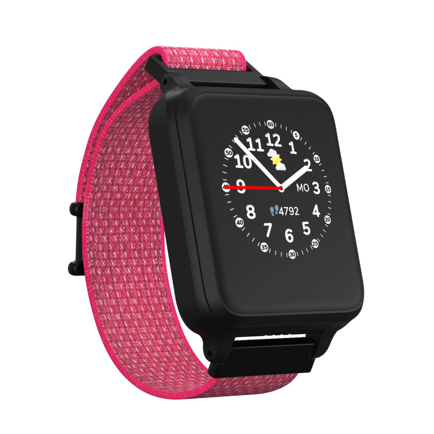 Schwarze Smartwatch mit pinkfarbenem Armband. Zifferblatt mit Zahlen und Zeigern. Rote Taste.