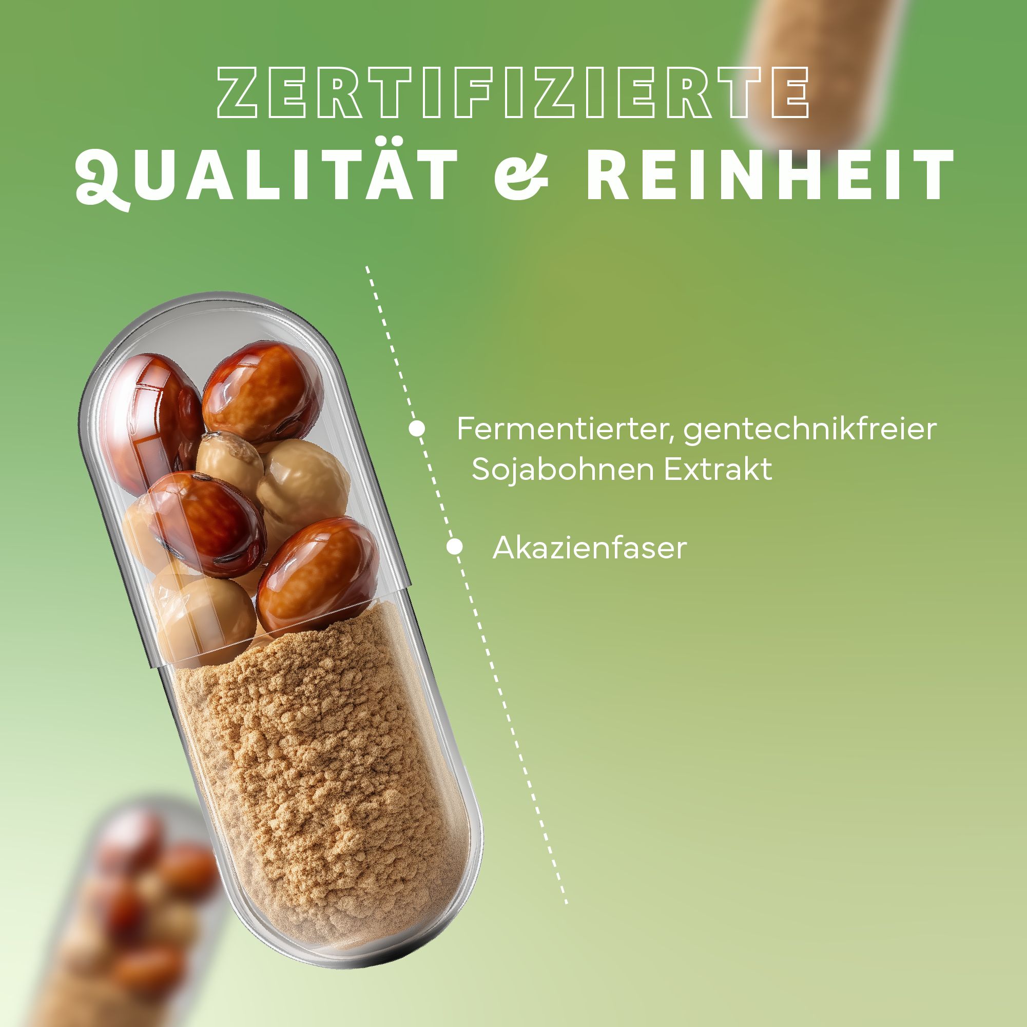 Transparente Kapsel mit Inhalt. Enthält braune und beige Bestandteile. Grüner Hintergrund mit Text und Punkten.