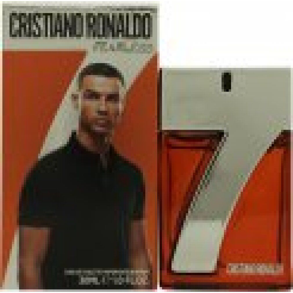 Eau de Toilette und Verpackung. Auf der Verpackung Cristiano Ronaldo und Fearless. Flakon mit silbernem Deckel und der Zahl 7.