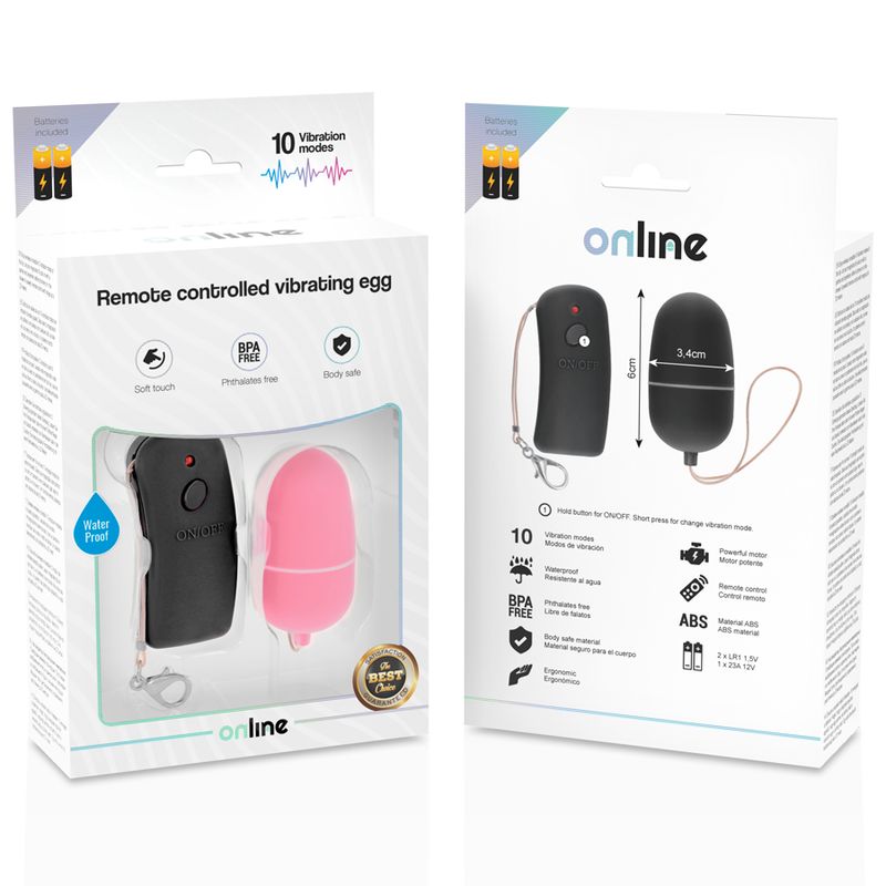 Verpackung mit Produkt: Rosa Ei, schwarze Fernbedienung. Text: "Remote controlled vibrating egg", "online". Abbildungen.