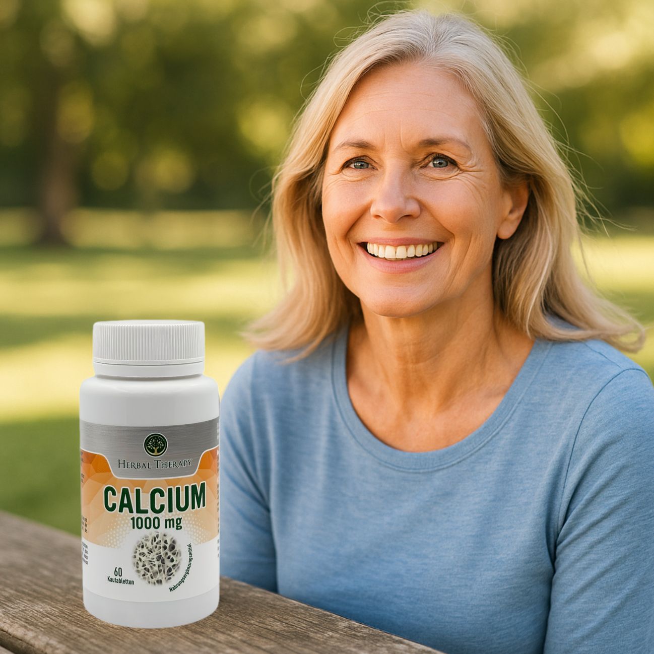 Femme âgée tenant un flacon de comprimés. Inscription: Calcium 1000 mg. Flacon avec couvercle et étiquette blancs. La femme sourit.