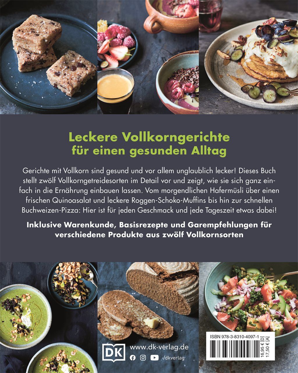 Rückseite des Buches "Volles Korn". Text über Vollkorngerichte, verschiedene Teller mit Speisen.