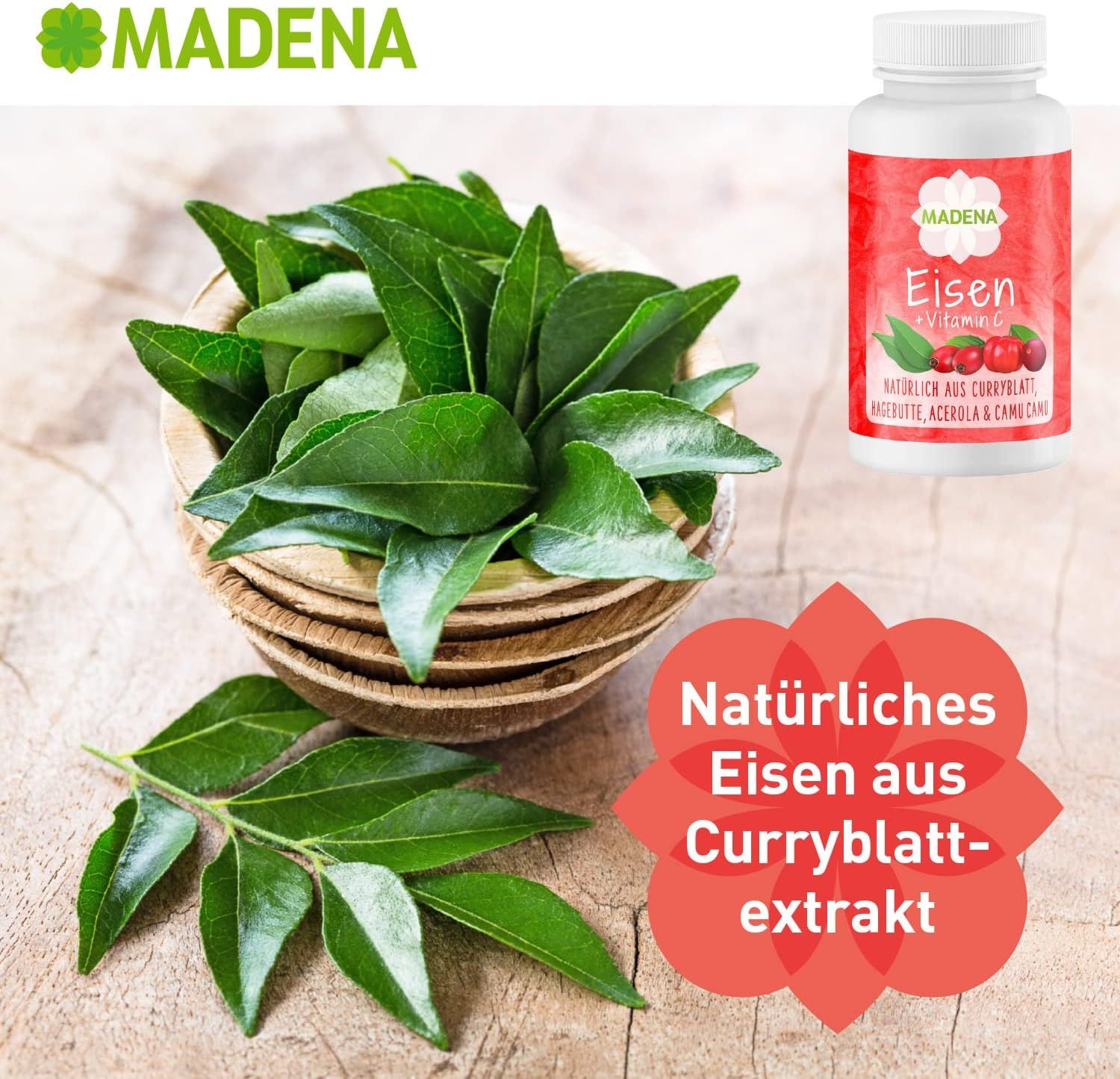 Blätter in Schale, daneben Produktflasche mit rotem Etikett und Text 'Eisen'. Textblüte: 'Natürliches Eisen aus Curryblattextrakt'.