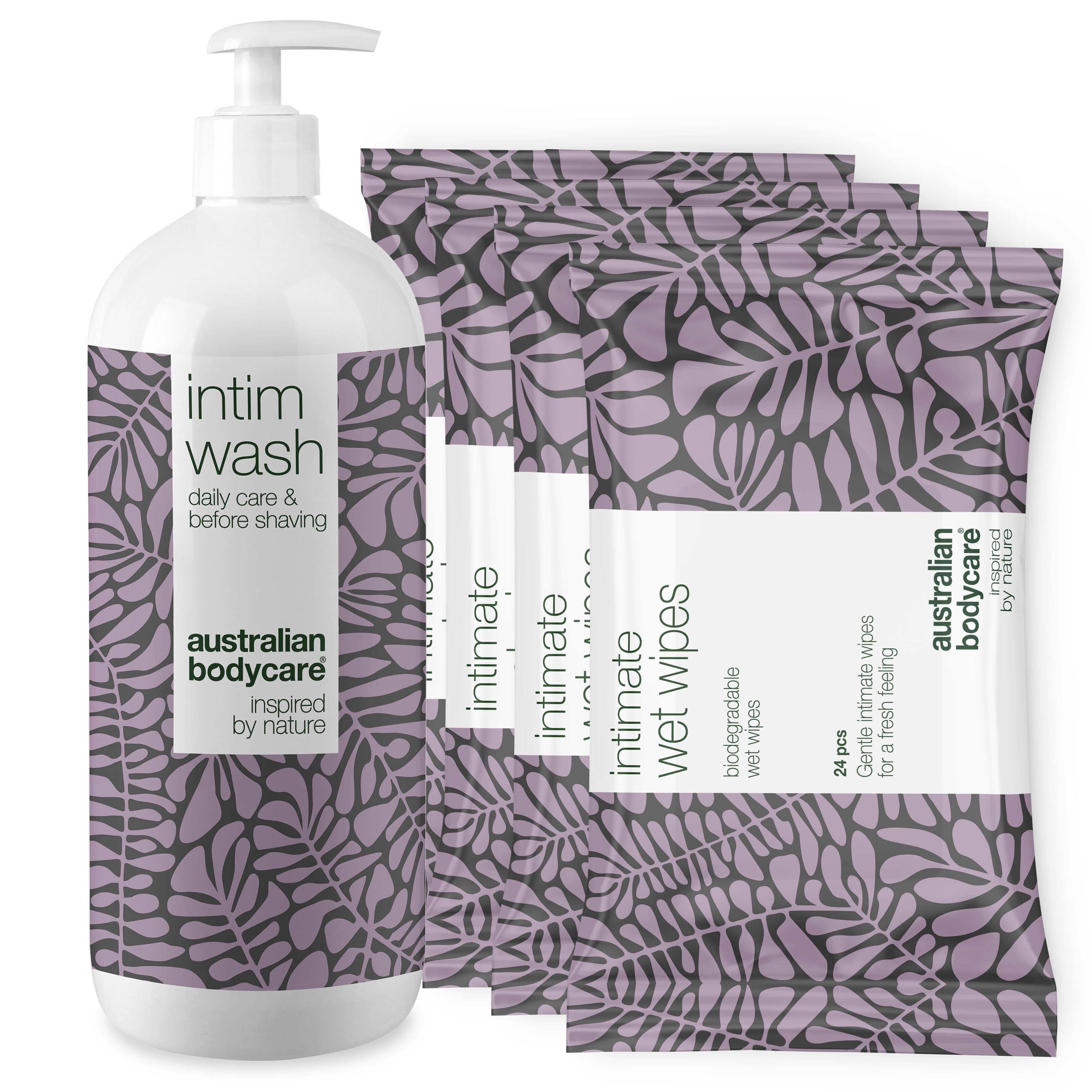 Flasche Intimwaschmittel und Packungen Intim-Feuchttücher. Aufdruck: Australian Bodycare, Intim Wash, Intimate Wet Wipes.