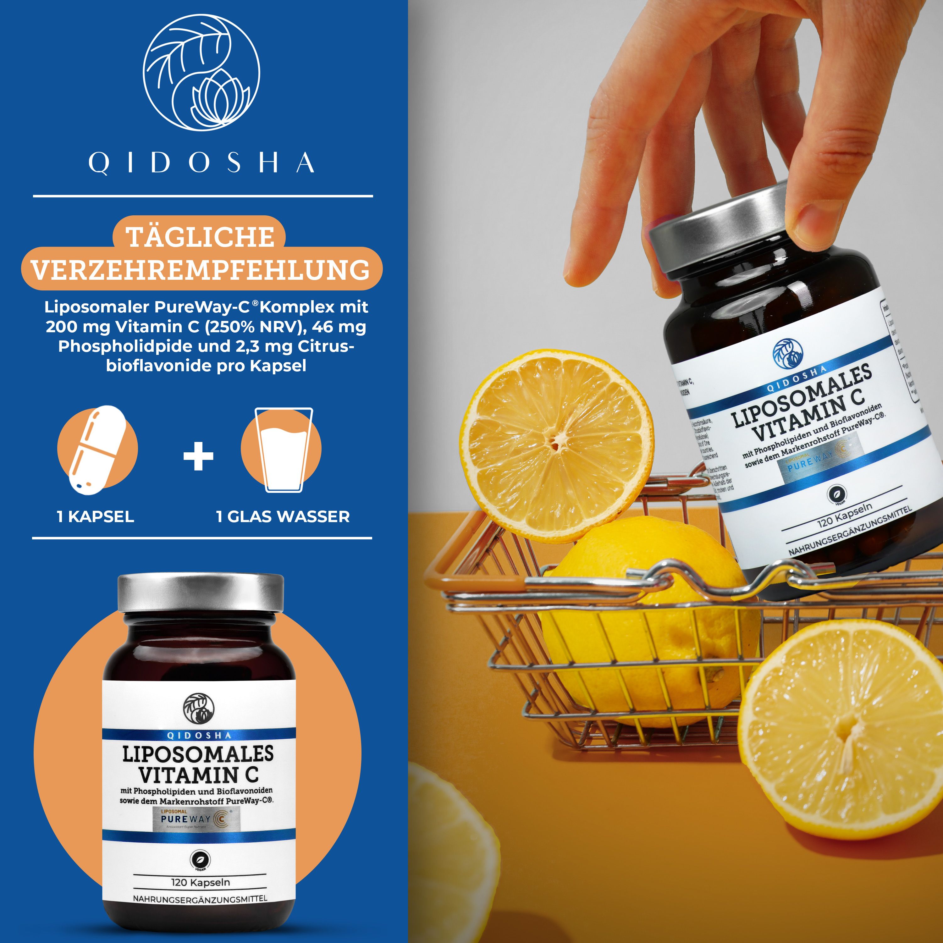 Produktflasche und Illustrationen. Flasche: QIDOSHA Liposomales Vitamin C, 120 Kapseln. Illustrationen: Kapsel, Glas Wasser, Zitronen.