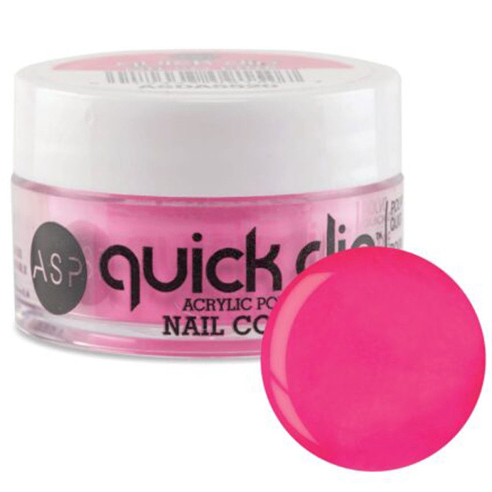 Rosa Acrylpulver in einem transparenten Behälter mit weißem Deckel. Daneben eine Kugel aus rosa Acrylpulver. Aufschrift: Quick Dip.