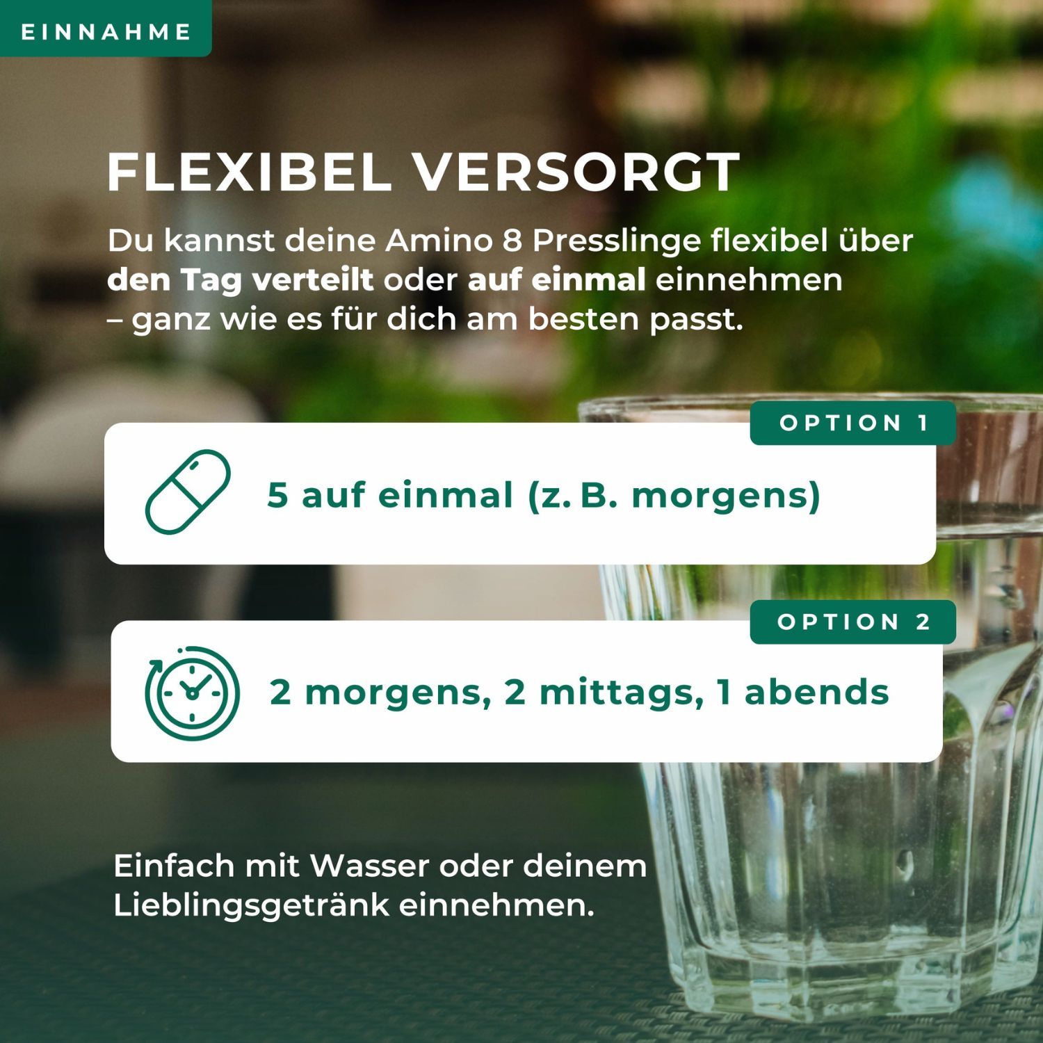 Darstellung der flexiblen Einnahme von Viktilabs Amino-8 Presslingen mit Wasser.