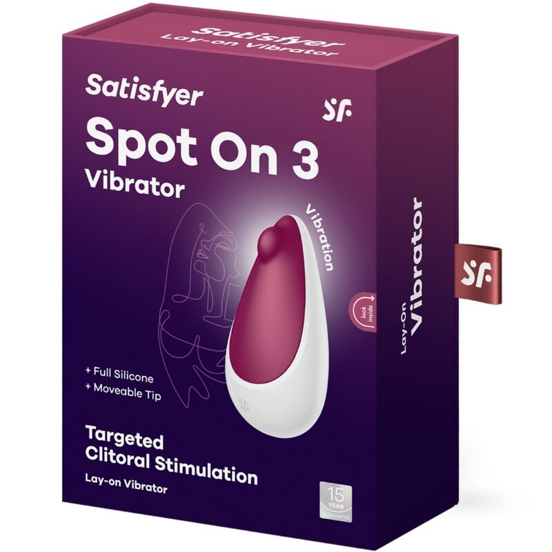 Verpackung von Satisfyer Spot On 3 Vibrator. Lila Schachtel mit Produktbild und Text. Enthält Produktinformationen.