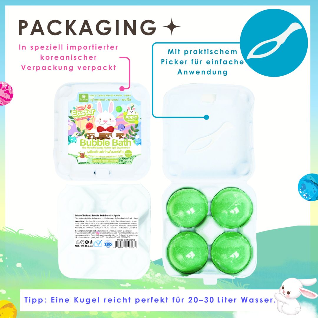 Verpackung mit Badbomben. Transparente Verpackung, Picker. Text: In speziell importierter koreanischer Verpackung verpackt.