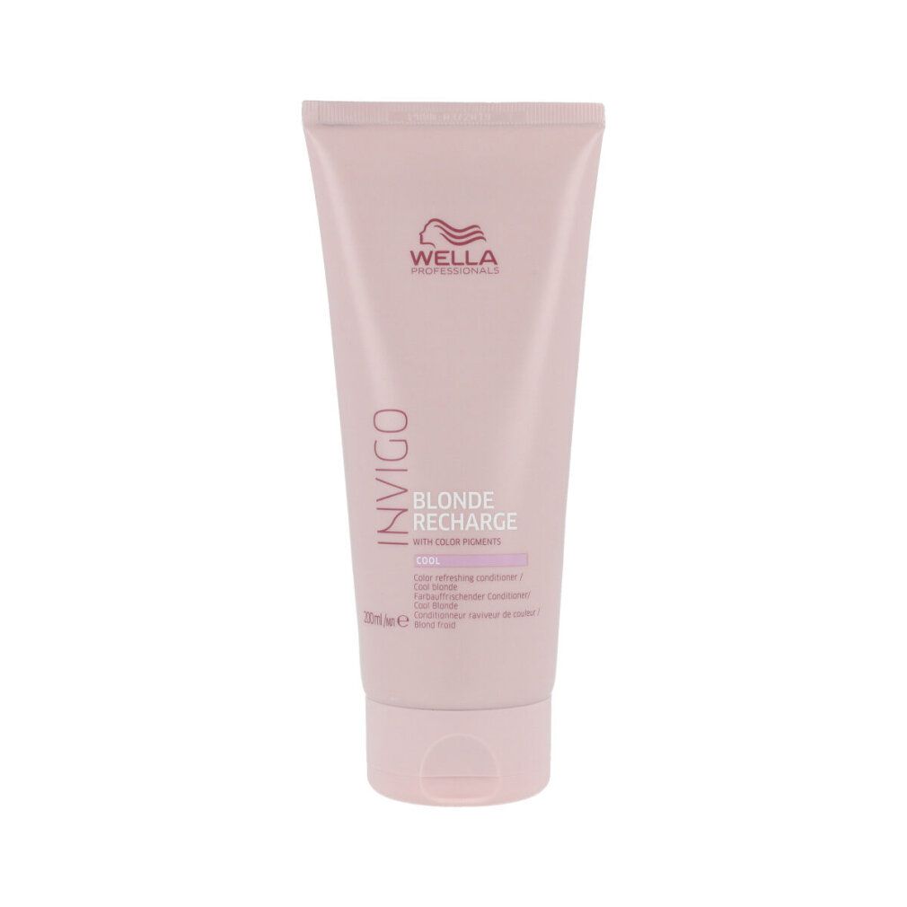 Rosa Tube mit Produktinformationen. Schriftzug: Invigo, Blonde Recharge, Cool. Marke: Wella. 200ml.