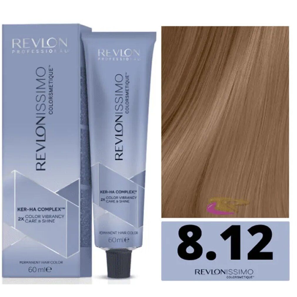 Haarfärbemittel-Tube, Schachtel und Haarsträhne. Marke: Revlonissimo Colorsmetique. Farbton: 8,12. 60ml. Ker-Ha Complex.