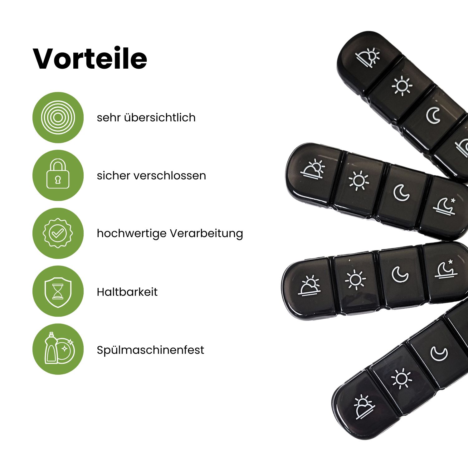 Mehrere schwarze Tablettenboxen mit 4 Fächern. Text: Vorteile, sehr übersichtlich, sicher verschlossen, spülmaschinenfest.