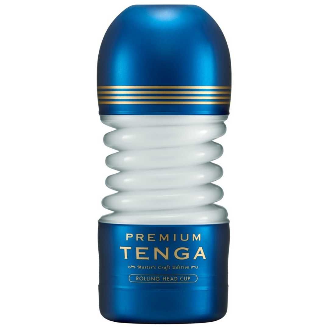 Blau-goldener TENGA Premium Rolling Head Cup. Zylindrische Form mit geriffelter Textur. Goldene Streifen und Markenlogo.