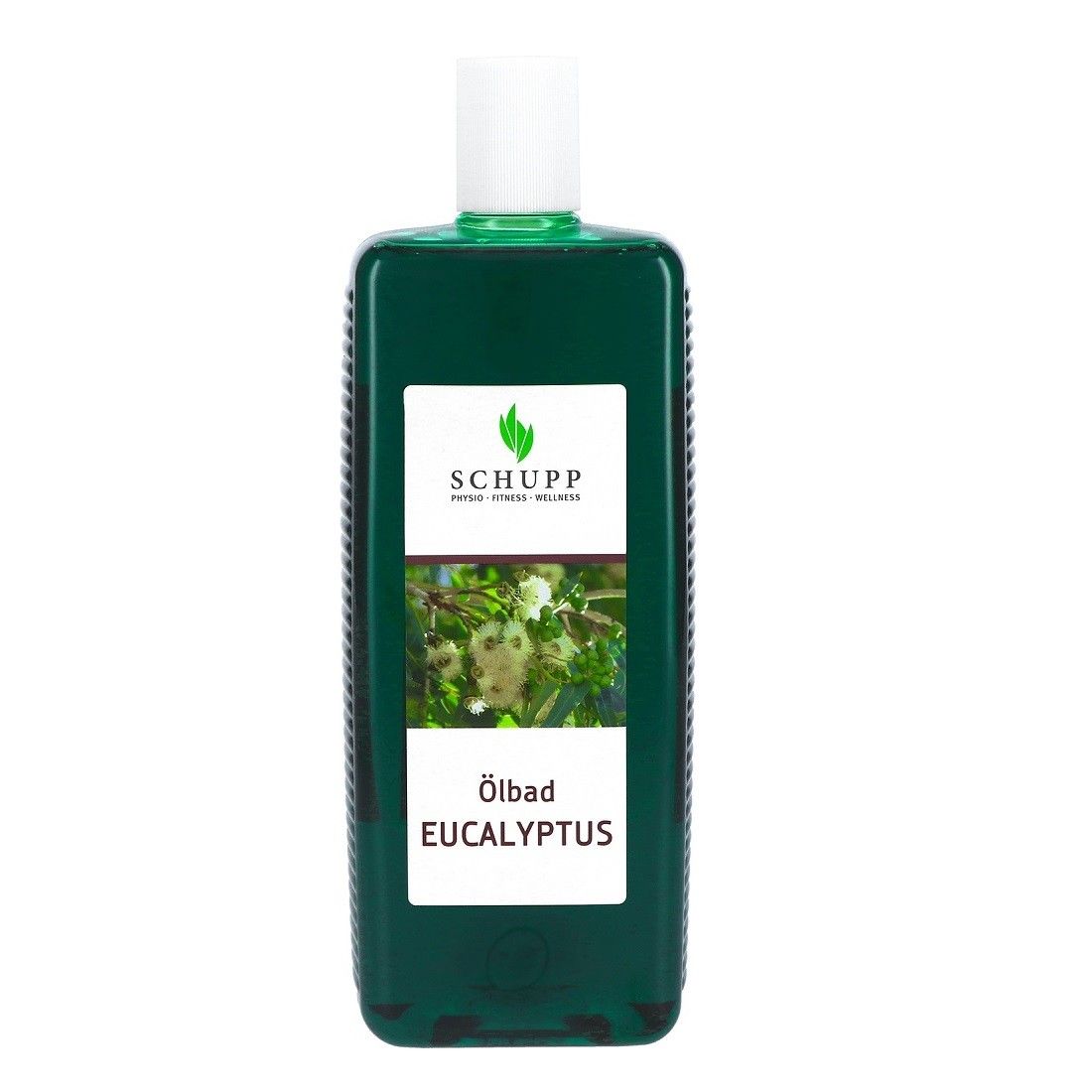 Grüne Flasche mit weißem Deckel. Auf dem Etikett steht "SCHUPP" und "Ölbad Eucalyptus". Darunter ein Bild von Eukalyptuszweigen.