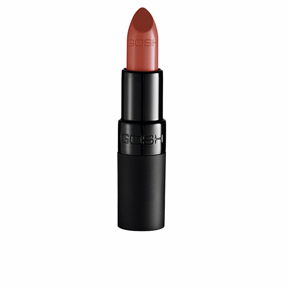 Gosh Lippenstift mit schwarzem Gehäuse und braunem Farbton.