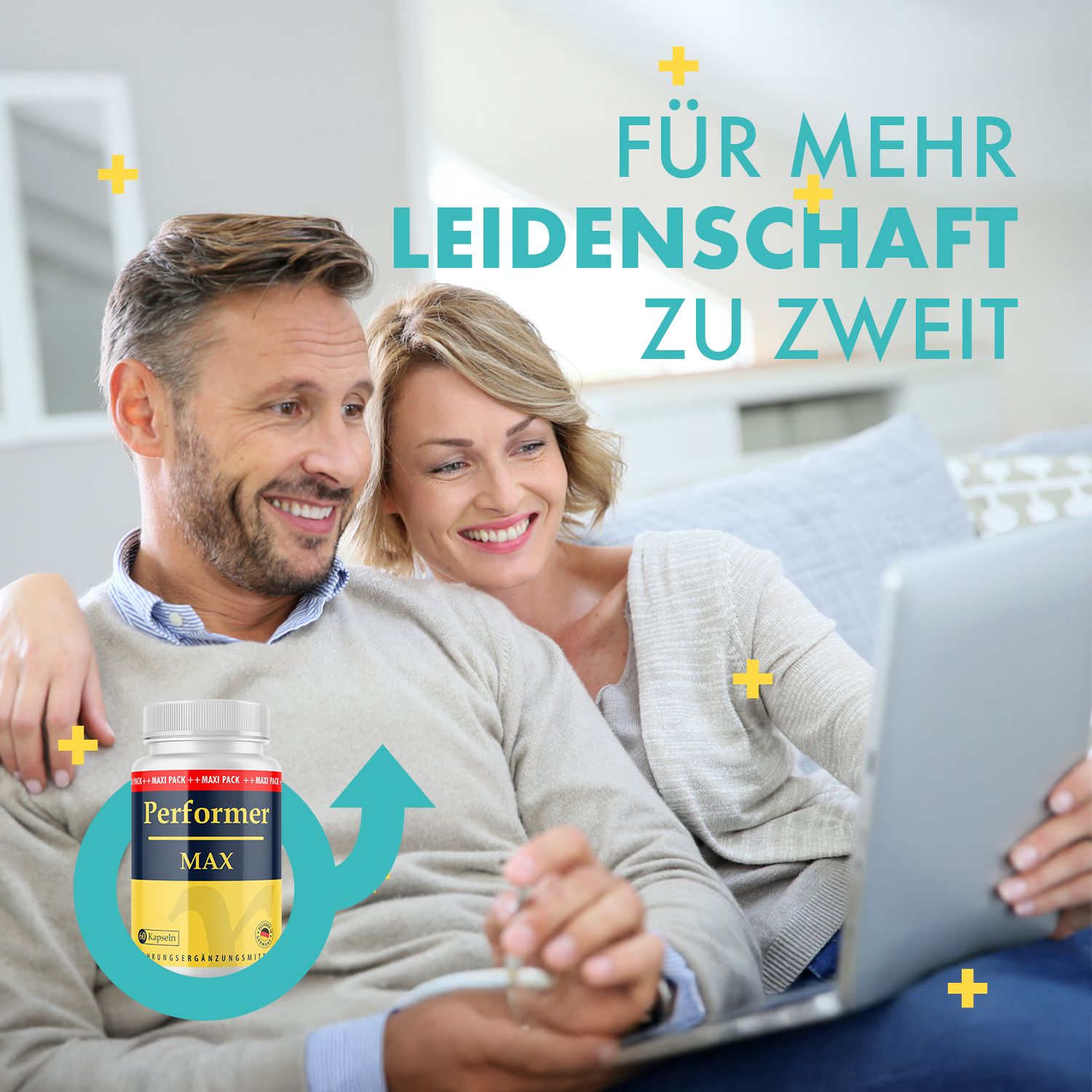 Paar sitzt zusammen. Flasche mit gelb-blauem Etikett: Performer MAX. Text: Für mehr Leidenschaft zu zweit.