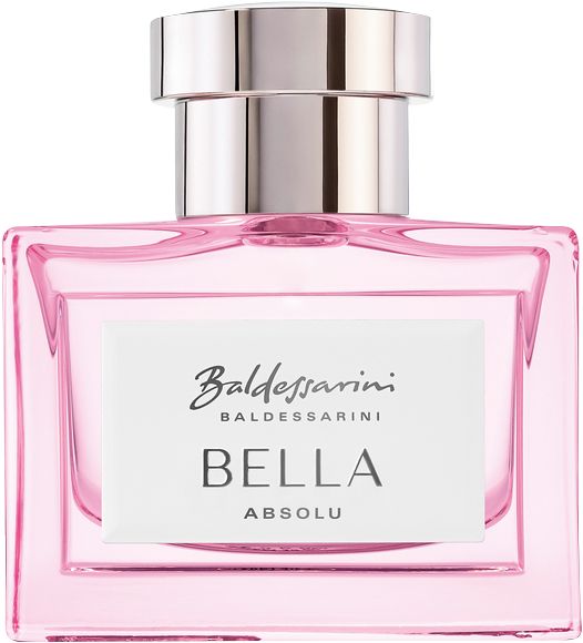 Baldessarini Bella Absolue EdP Nat. Spray. Rechteckiger Flakon, rosa Flüssigkeit, silberner Verschluss. Aufschrift: Baldessarini, Bella Absolu.