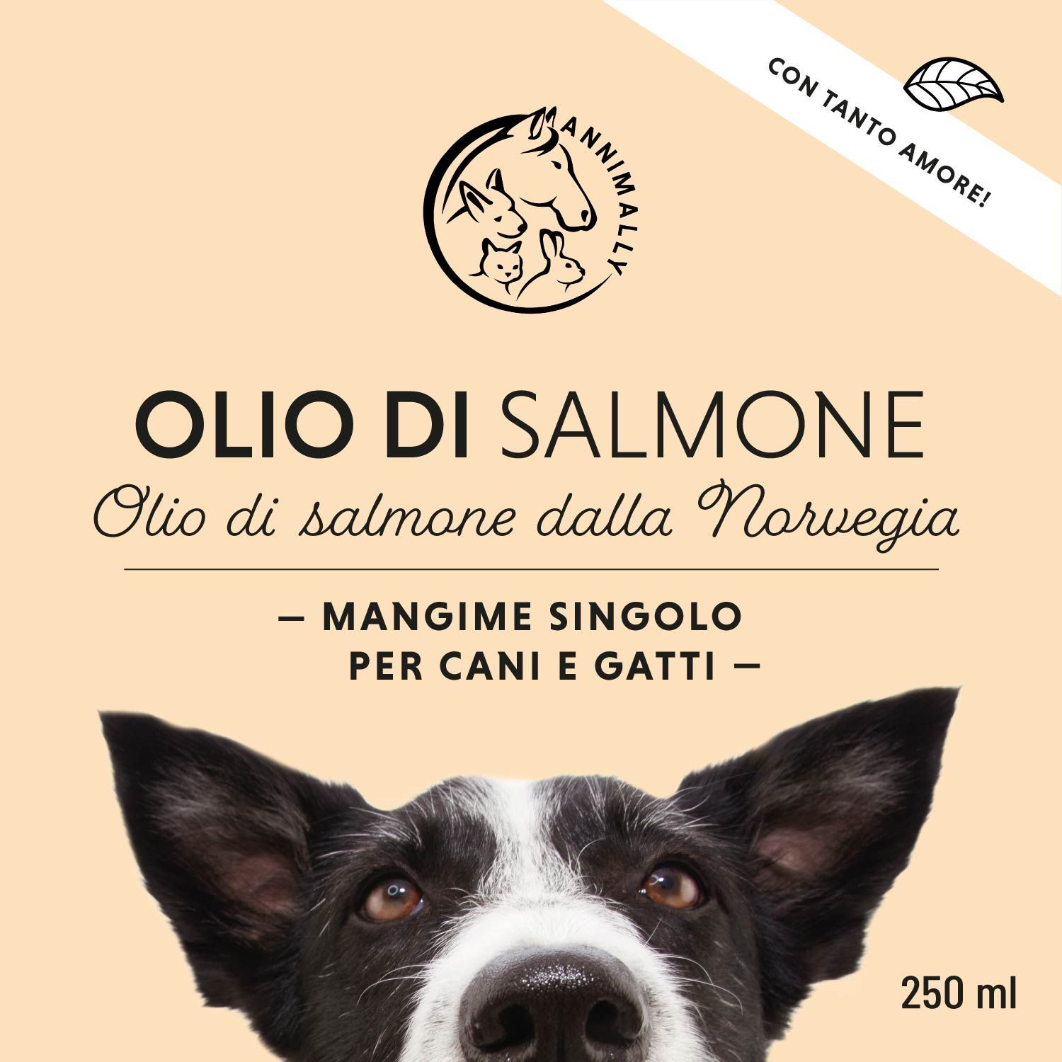 Etikett mit Annimally Logo und Text: Olio di Salmone. Text: Mangime singolo per cani e gatti. 250 ml.