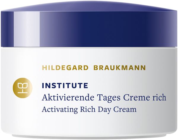 Creme-Tiegel mit blauem Deckel. Aufschrift: Hildegard Braukmann, Institute, Aktivierende Tages Creme rich, Activating Rich Day Cream.