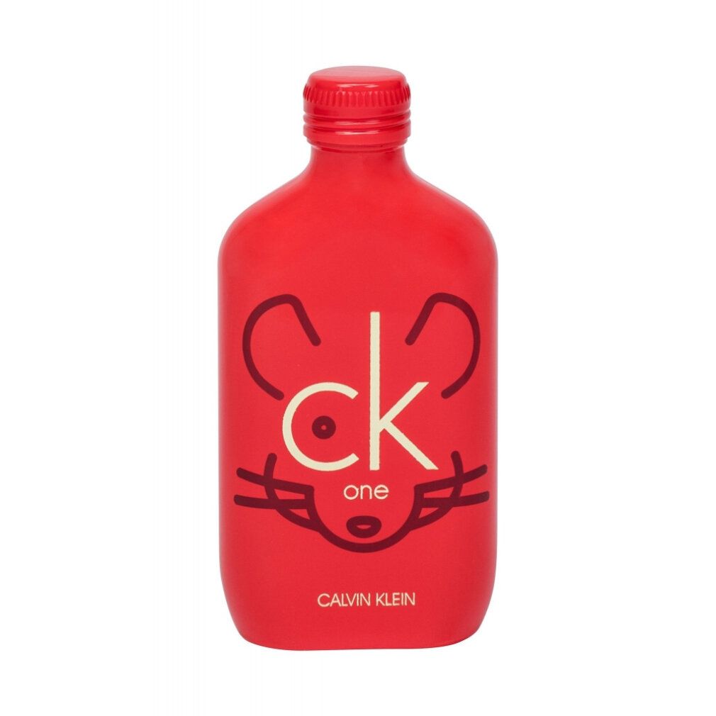 Rote Flasche mit CK One-Logo und Gesicht. Calvin Klein-Schriftzug unten.