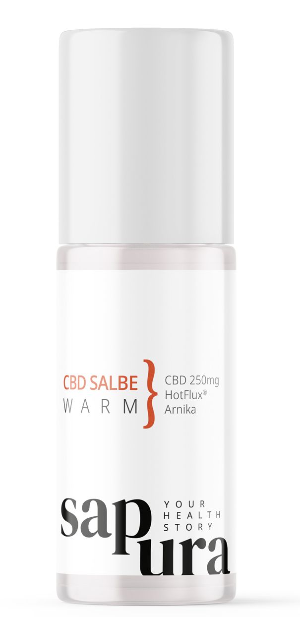 Zylindrische Flasche mit weißem Deckel. Aufschrift: CBD Salbe Warm, CBD 250mg HotFlux Arnika. Marke: sapura.