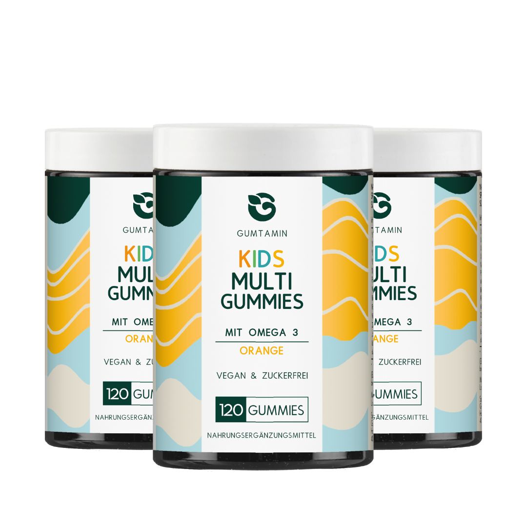 Drei Dosen Kinder Multi Gummies. Aufschrift: Gumtamin, Kids Multi Gummies, Orange, 120 Gummies, vegan & zuckerfrei.