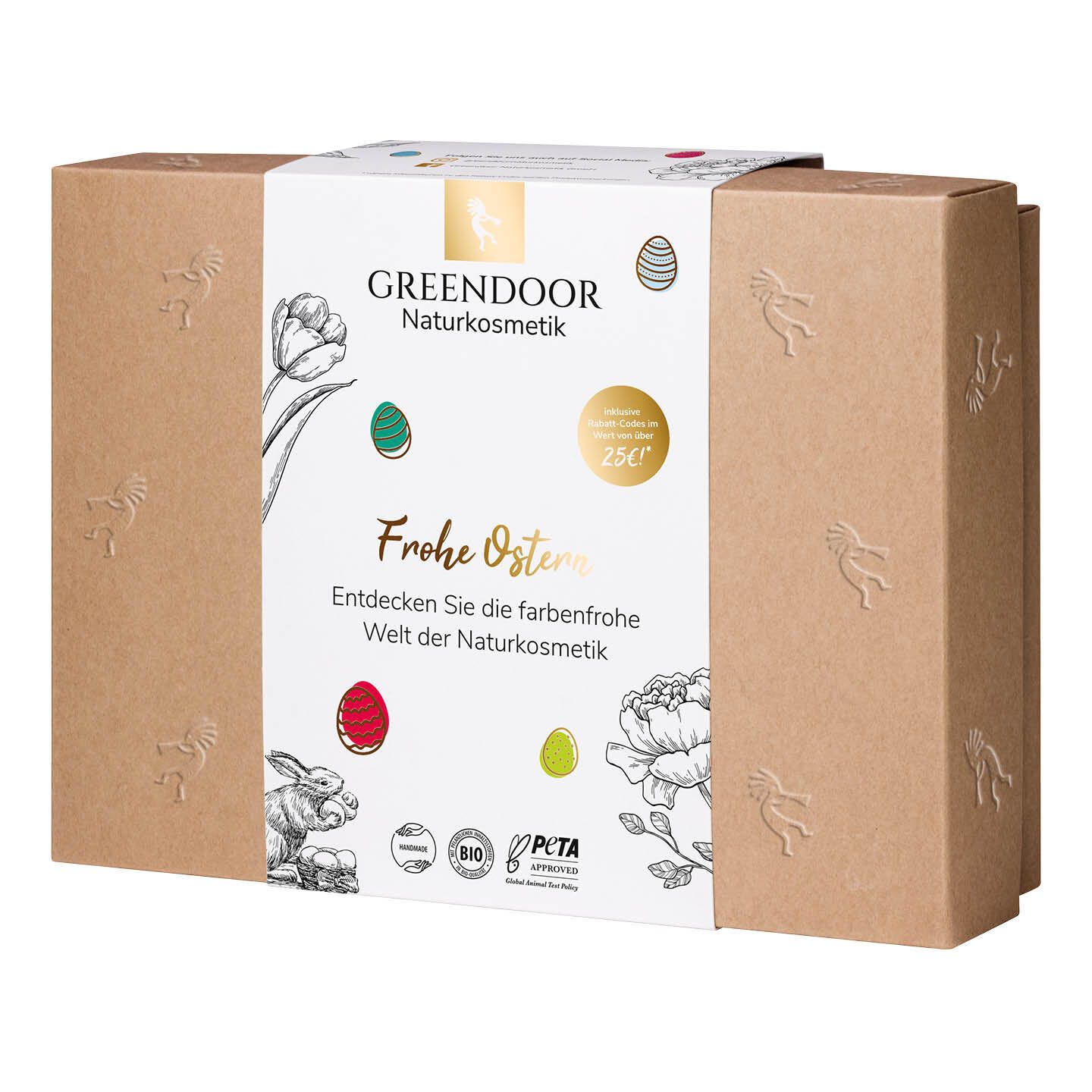Geschenkset mit Naturkosmetik. Karton mit Aufdrucken, darunter "GREENDOOR Naturkosmetik", "Frohe Ostern" und Logos. PETA-Siegel.