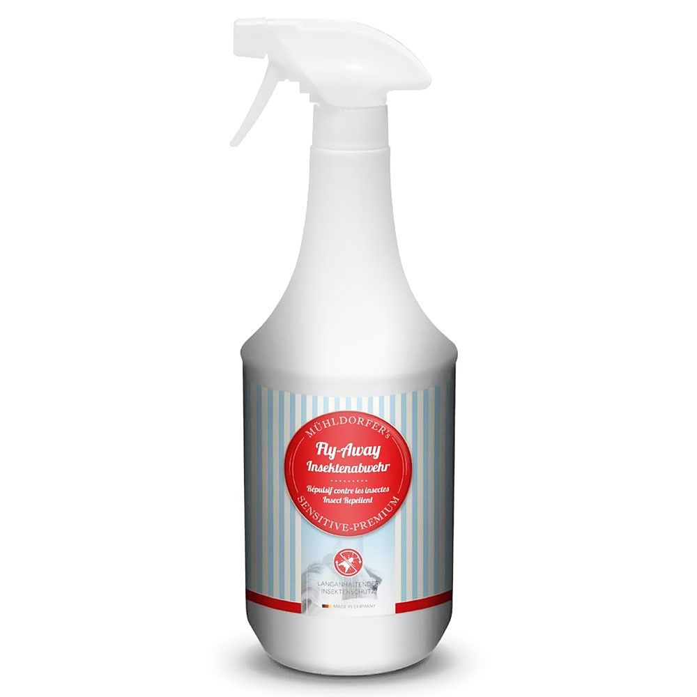 Weiße Sprühflasche mit rotem Etikett. Aufschrift: Fly-Away Insektenabwehr. Sensitiv Premium. Blauer Streifen-Hintergrund.