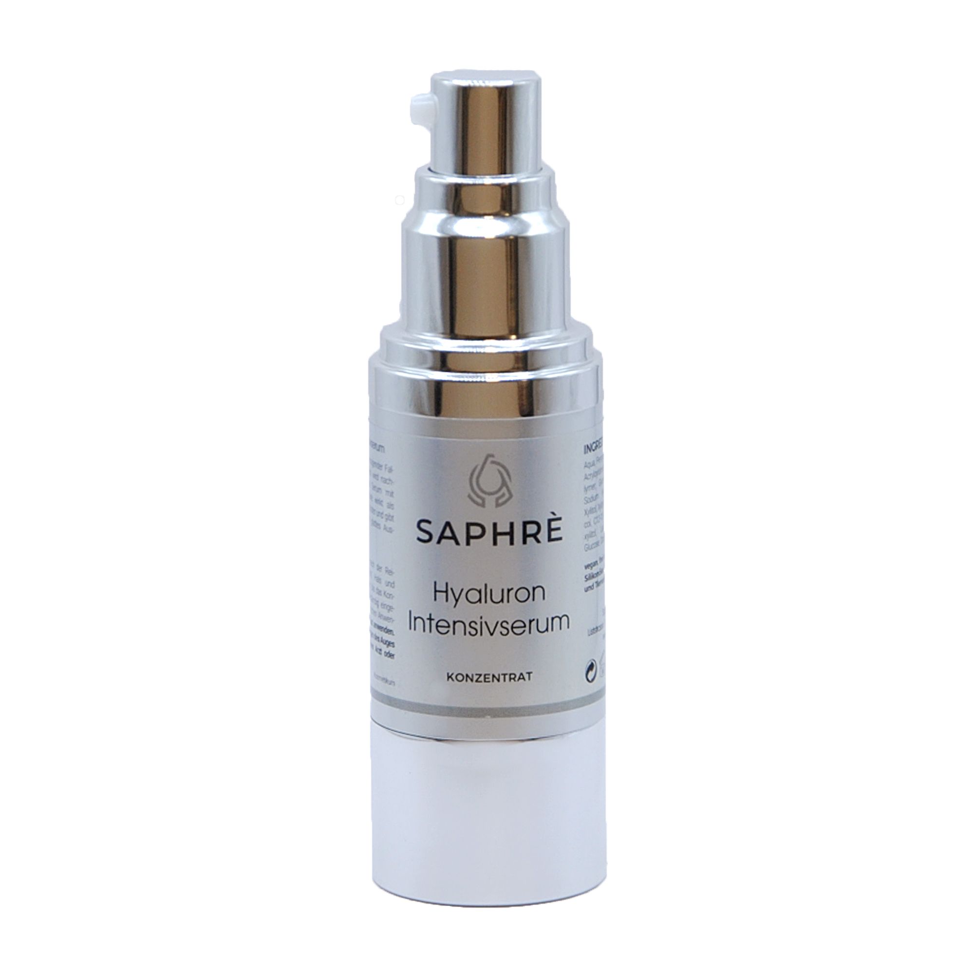Kleine Flasche mit silberfarbenem Spender. Etikett mit "SAPHRE Hyaluron Intensivserum".