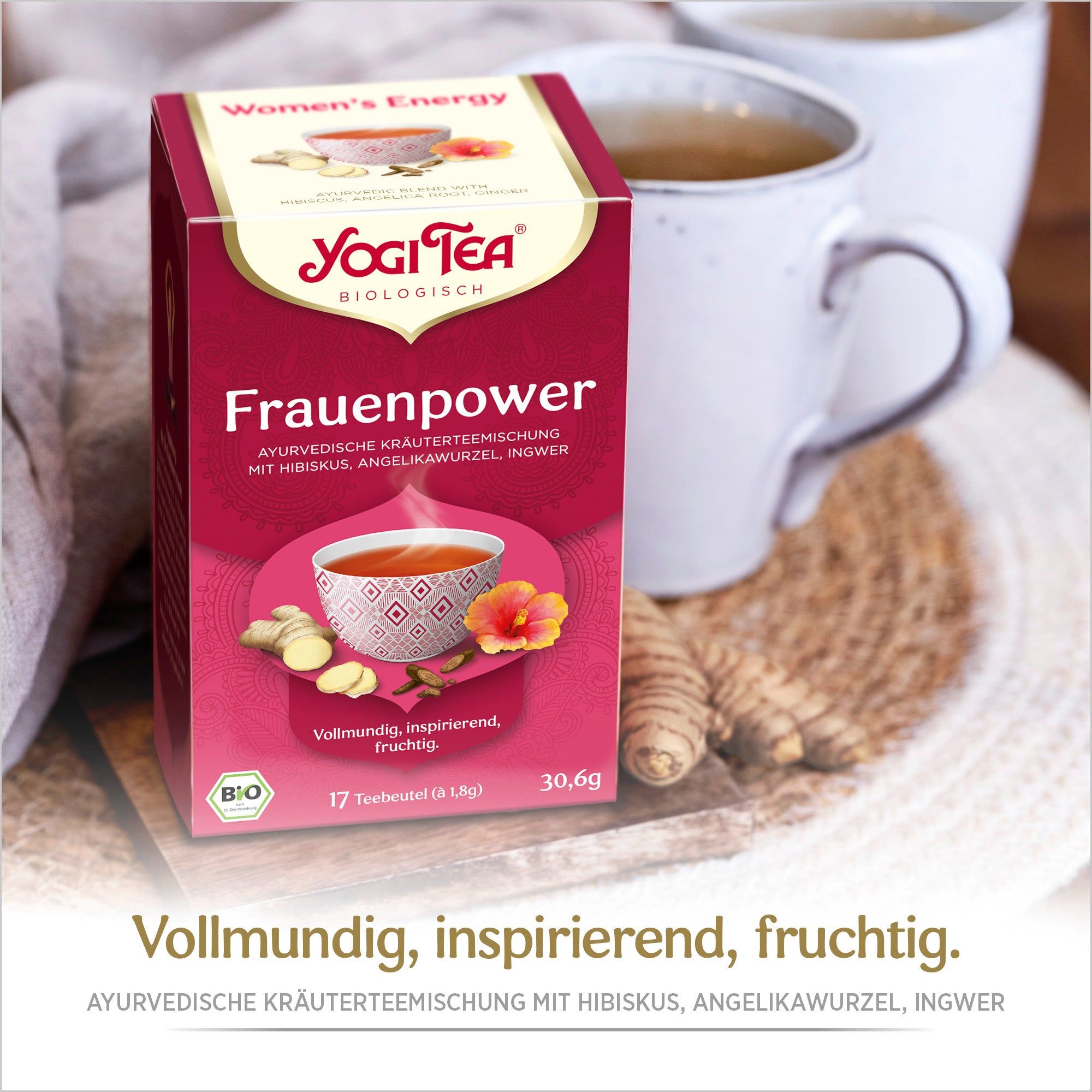 Kräutertee-Packung, pink mit Logo und Produktnamen. Tasse Tee, Ingwer, Hibiskusblüte. Bio-Siegel. 17 Teebeutel.