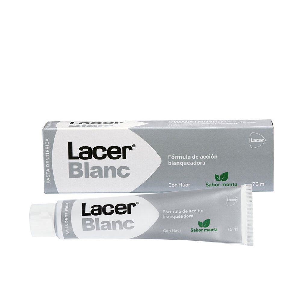 Zahnpasta-Tube und -Schachtel. Aufschrift: Lacer Blanc, Formula de acción blanqueadora, sabor menta. Tube: 75 ml.