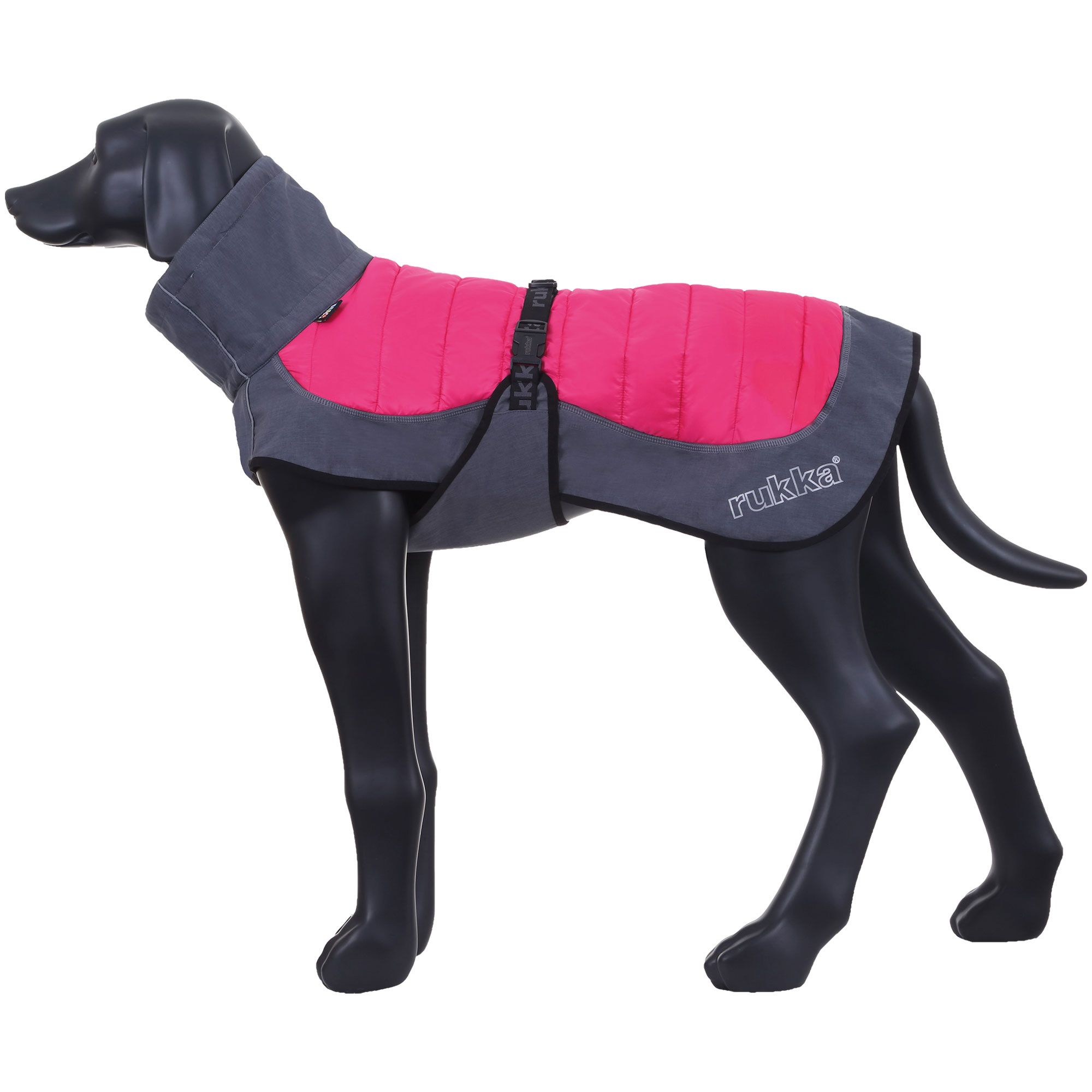 Hunde Winterjacke, pink und grau, auf einem schwarzen Hundemodell. Rukka-Logo sichtbar.