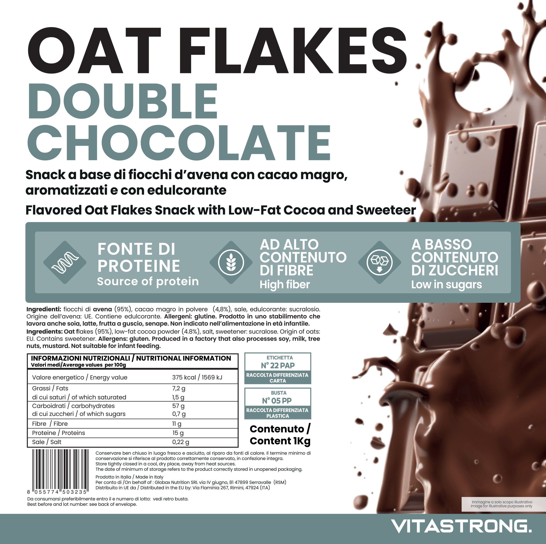 Verpackung von Oat Flakes Double Choco. Text: Quelle für Protein, hoher Ballaststoffgehalt, zuckerarm. 1 kg Packung.