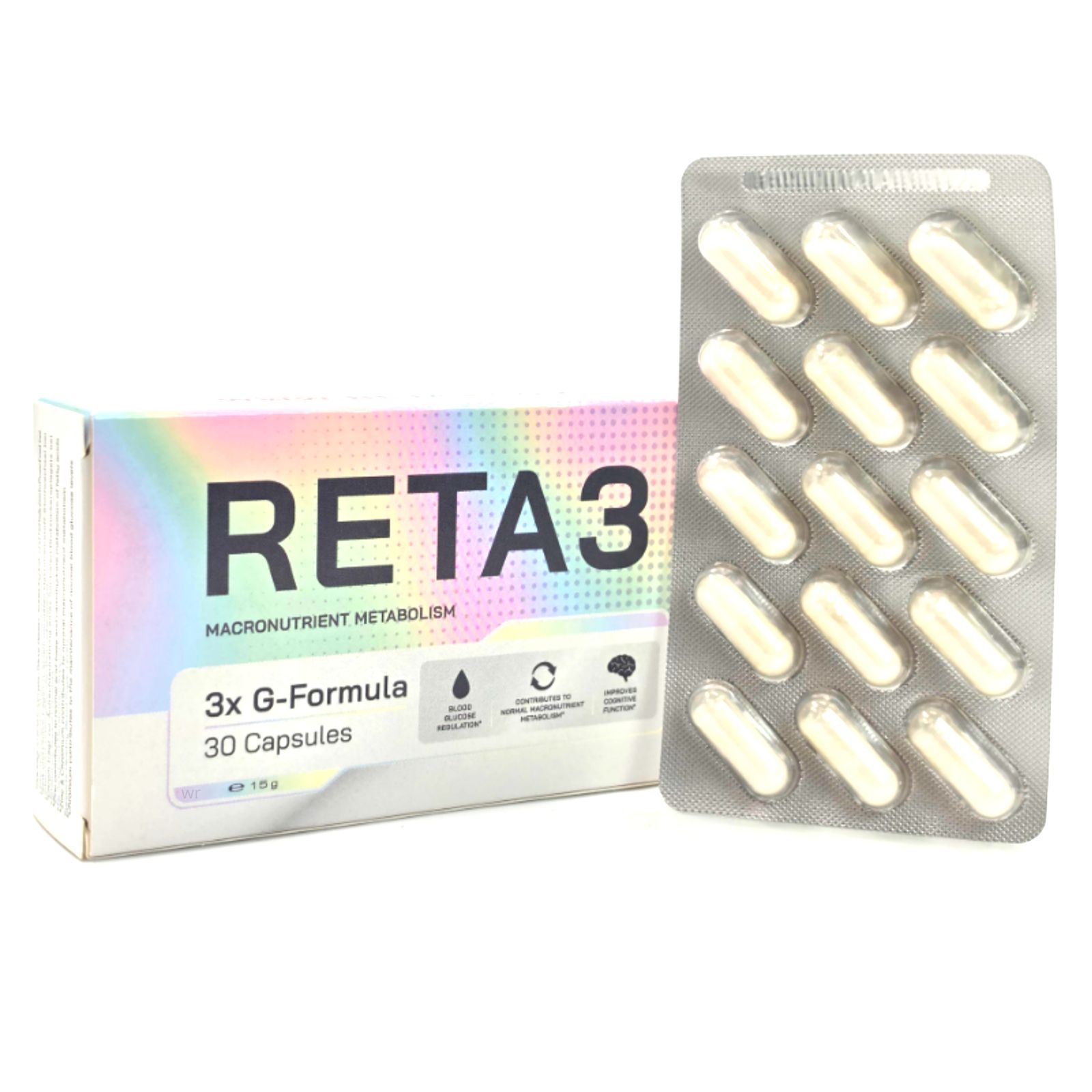 RETA3 Packung und Blisterpackung mit 15 Kapseln, G-Formel für den Makronährstoffwechsel.