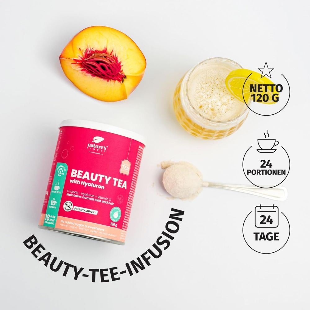 Dose Nature's Finest Beauty Tea mit Hyaluron, Löffel mit Pulver, Glas Tee und Pfirsich.