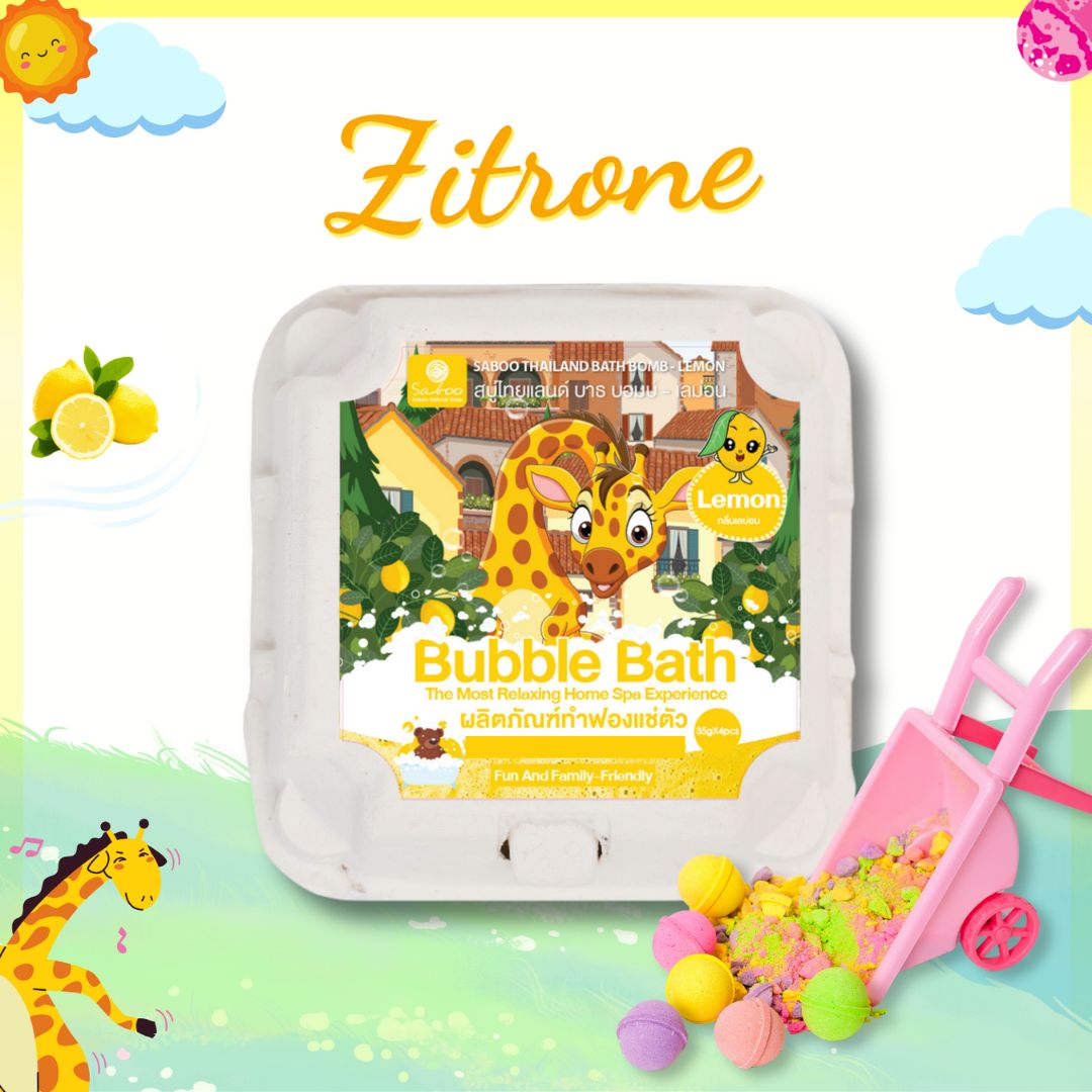 Verpackung mit Badebomben und Giraffen-Illustration. Text: Bubble Bath. Gelbe und bunte Badebomben.