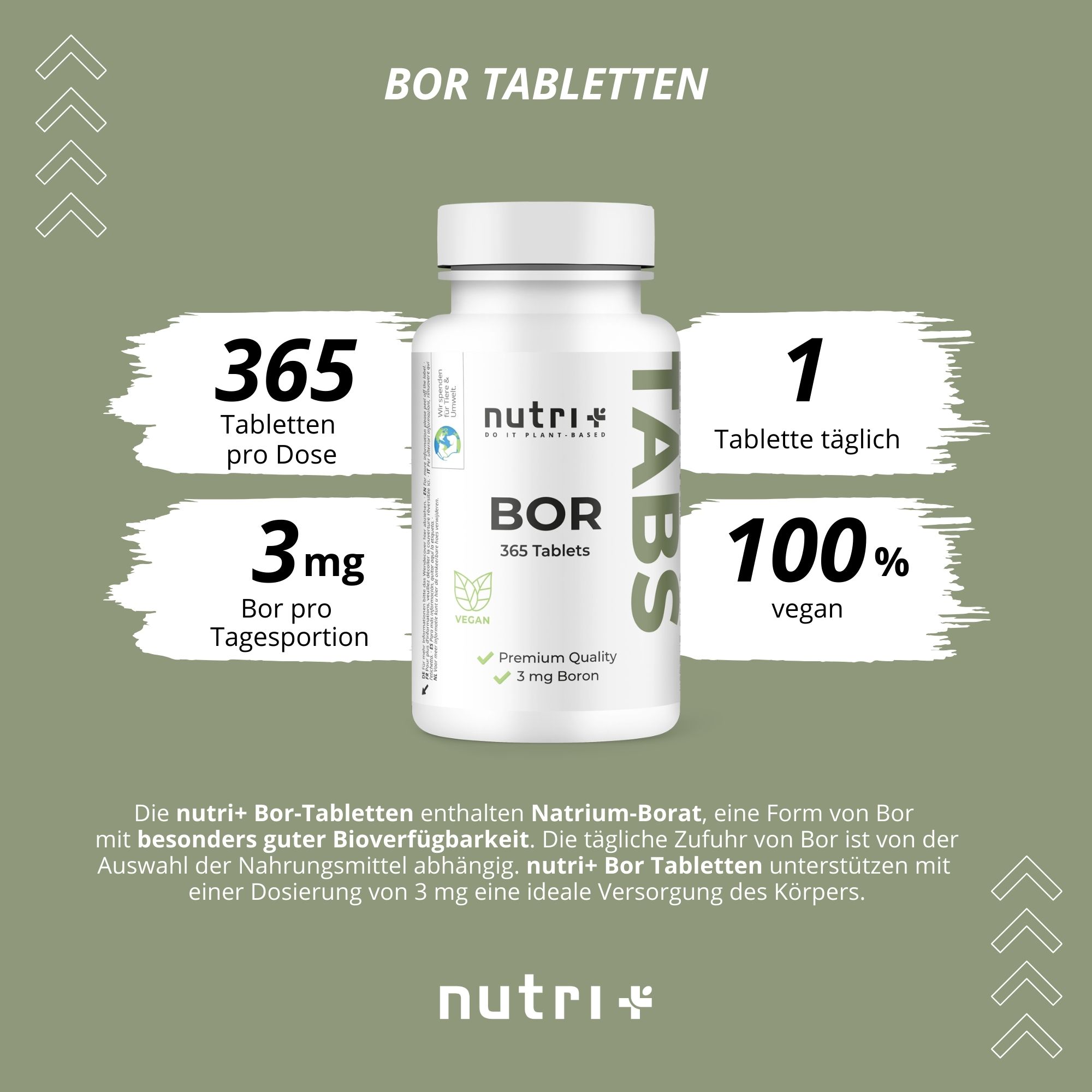Flasche nutri+ BOR Tabletten, 365 Tabletten pro Dose, 3 mg Bor pro Tagesportion, 1 Tablette täglich, 100% vegan.