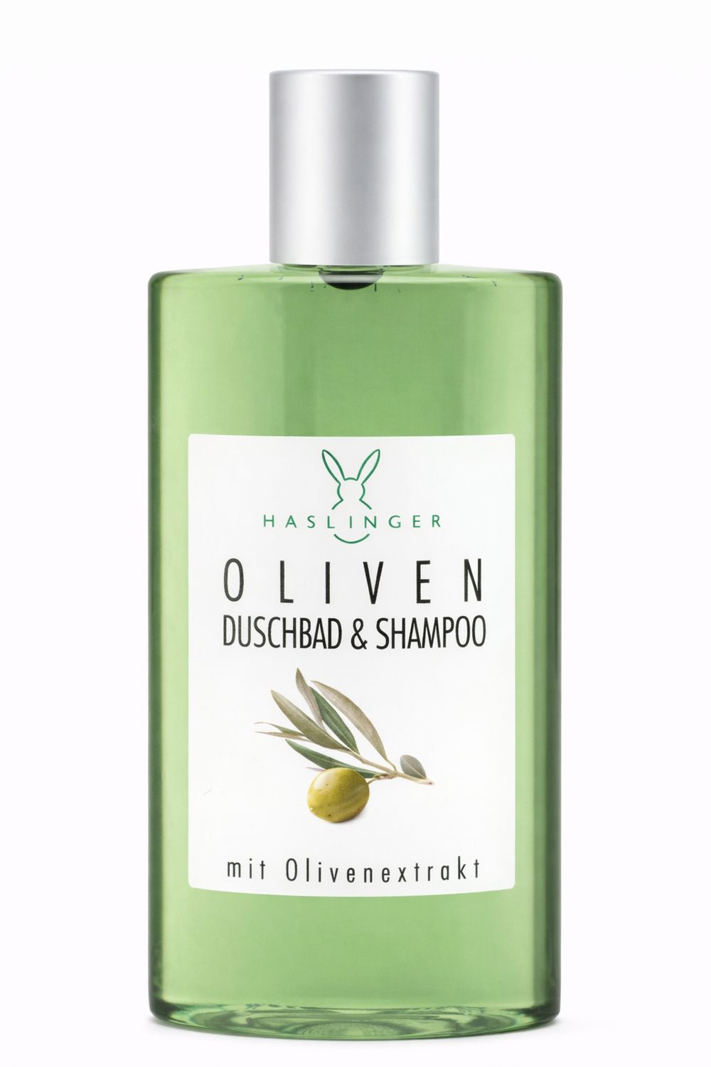 Grüne Flasche mit silbernem Deckel. Etikett mit Olivenzweig und Text: Oliven Duschbad & Shampoo, mit Olivenextrakt. Marke: Haslinger.