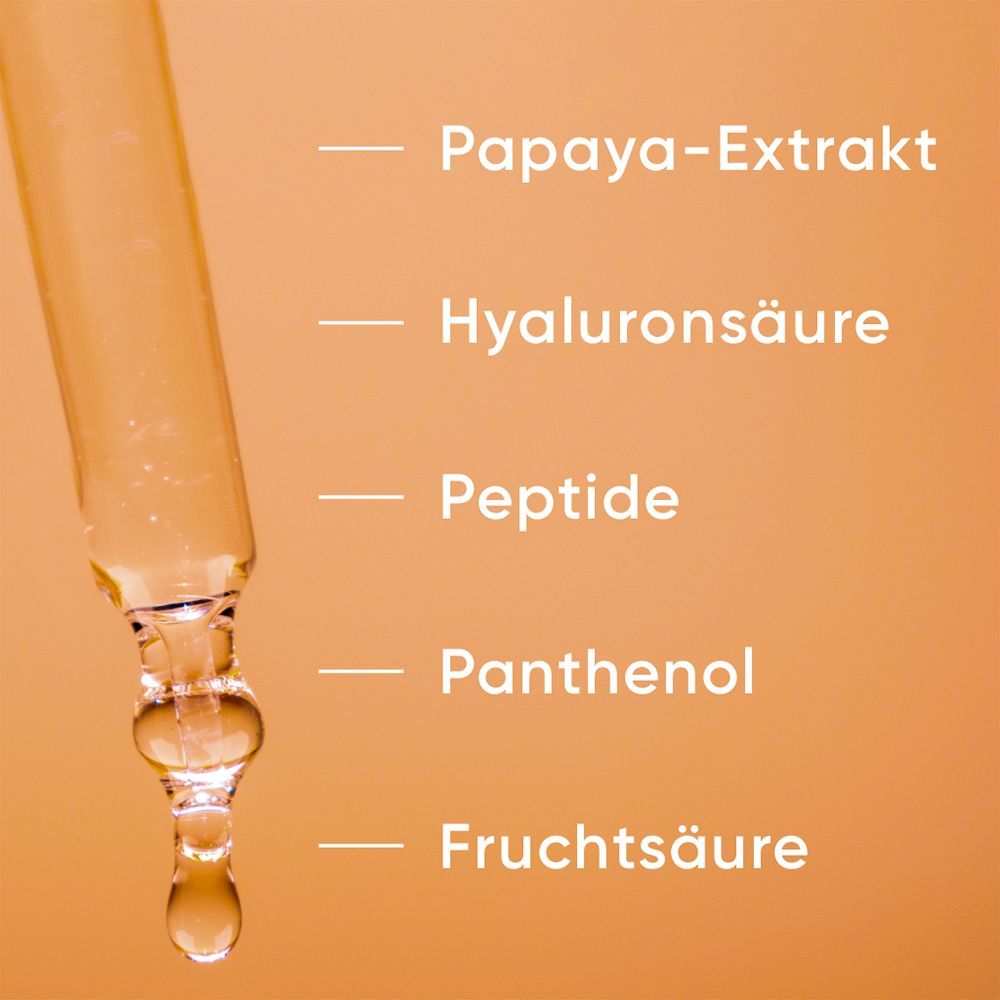 Pipette mit Serum. Text: Papaya-Extrakt, Hyaluronsäure, Peptide, Panthenol, Fruchtsäure.