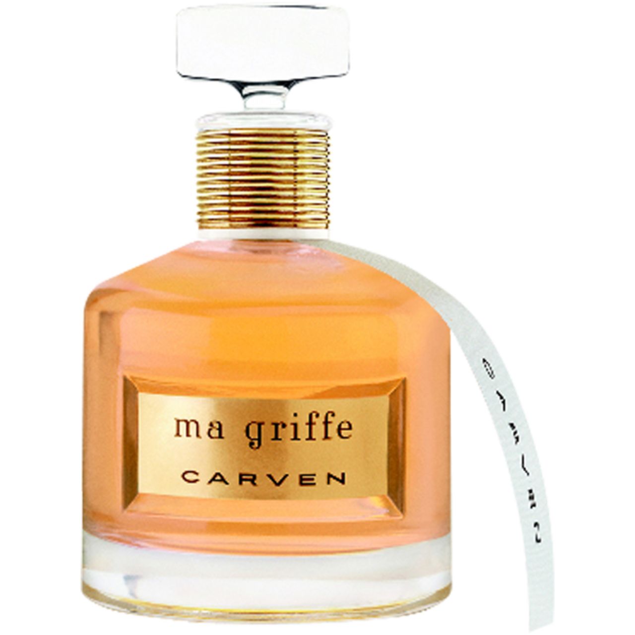 Parfümflakon mit goldfarbenem Hals und Etikett. Aufschrift: Ma Griffe, Carven. Weißes Etikett mit Schriftzug.