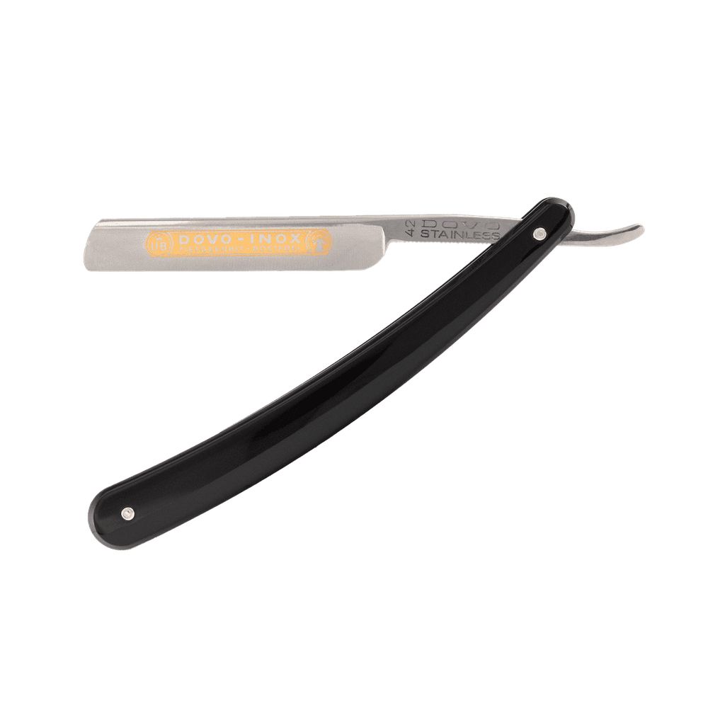 DOVO-INOX Rasierer, schwarzer Griff, Klinge geöffnet. Goldfarbenes Logo auf der Klinge. Auf weißem Hintergrund.