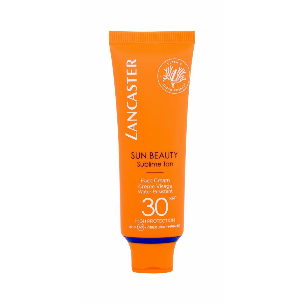 Orange Tube mit weißer Schrift. Text: Lancaster, Sun Beauty, Sublime Tan, Face Cream, SPF 30. Blauer Verschluss.