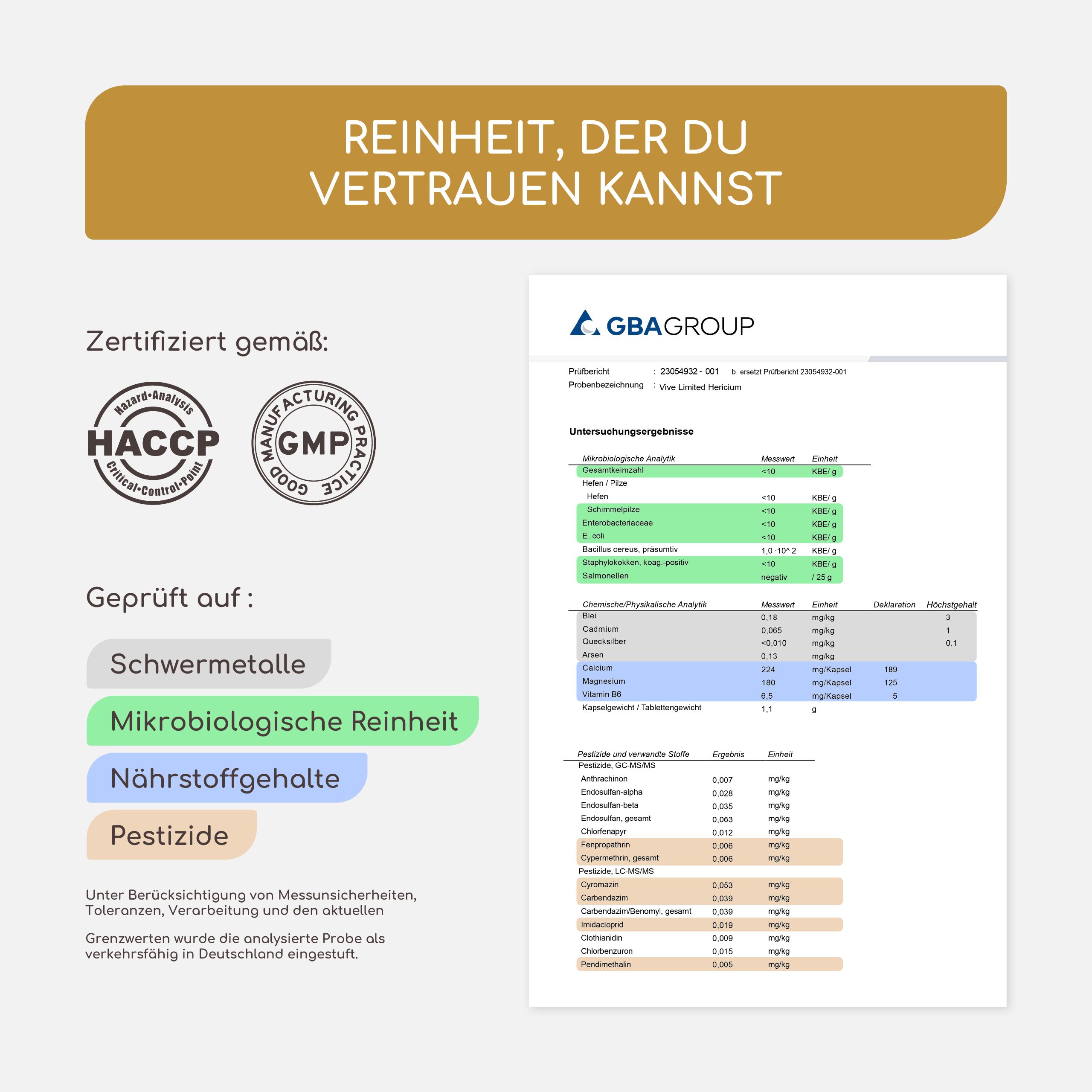 Zertifizierungen und Analysebericht. Text: Geprüft auf Schwermetalle, mikrobiologische Reinheit, Nährstoffgehalte.