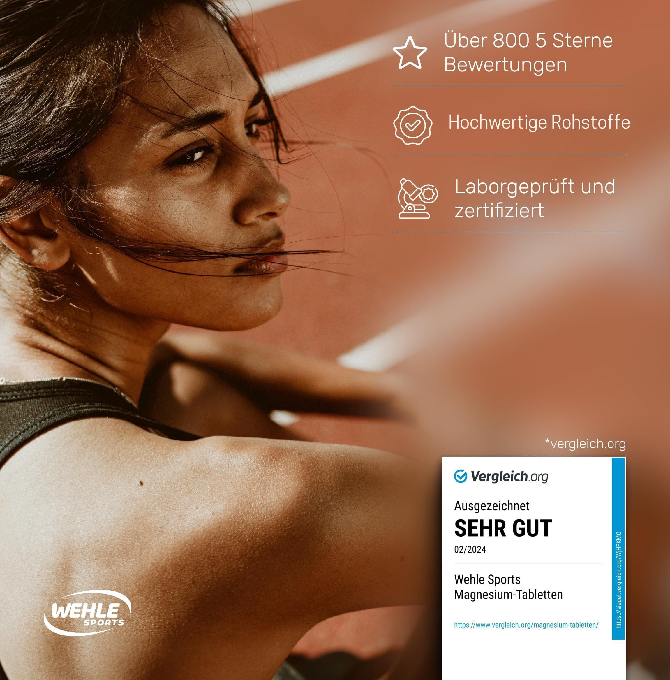 Frau auf Laufbahn, Wehle Sports Logo. Siegel: Über 800 5-Sterne-Bewertungen, hochwertige Rohstoffe.